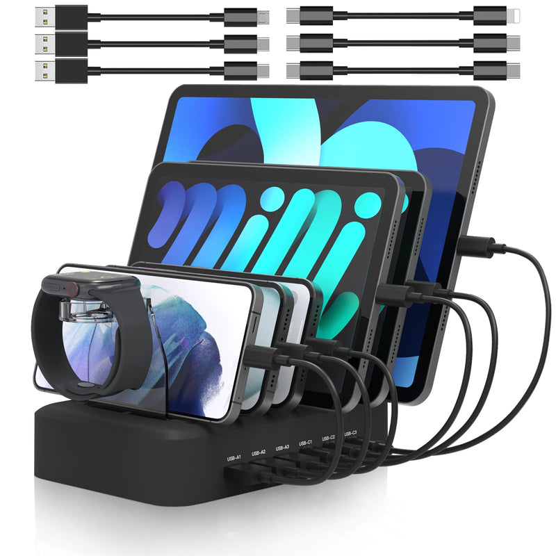 MSTJRY 90W 6-Port USB C Fast Charging Station for Multiple Devices, Multi PD Charger Station for iPhone iPad Tablet Phone, Charging Dock Organizer with Adjustable Dividers for Home Office Classroom black
