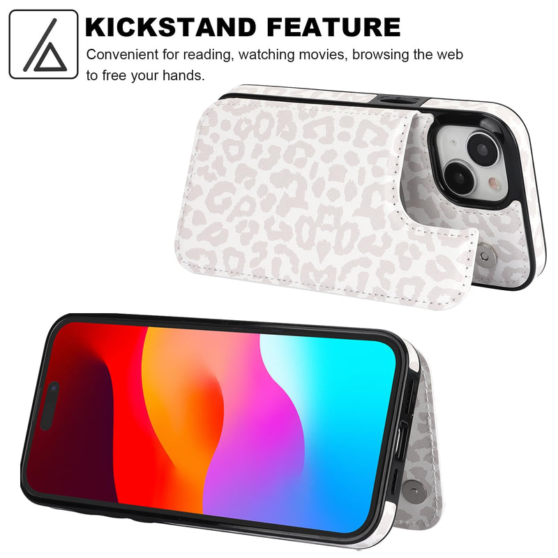HAOPINSH for iPhone 15 Wallet Case with Card Holder, Floral Flower Pattern Back Flip Folio PU Leather Kickstand Card Slots Case for Women Girls, Double Magnetic Clasp Cover 6.1" (White Leopard) White Leopard