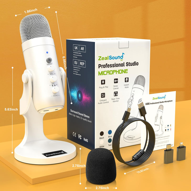 ZealSound USB Microphone,Quick Mute Noise Cancel for Phone Computer PC PS5,Gaming Microphone with Gain Control,Echo Monitor Volume Adjust for Streaming Vocal Recording ASMR Podcast Video K66 White