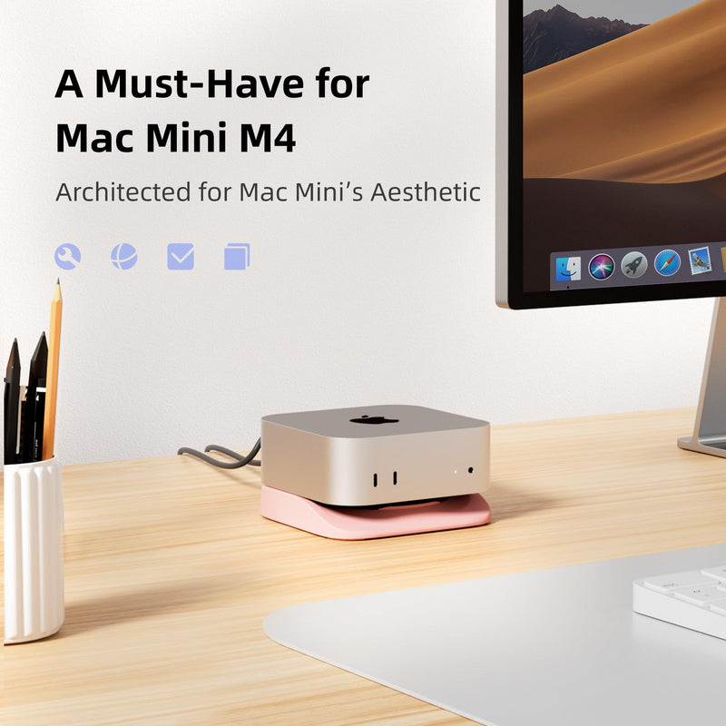 ELETIUO Desk Stand for Mac mini M4/M4 Pro 2024,Silicone Desktop Mount with Heat Dissipation,Anti-Slip Base,Easy Power Button Access,Space-Saving for Improved Cooling & Desk Organization,Pink Pink