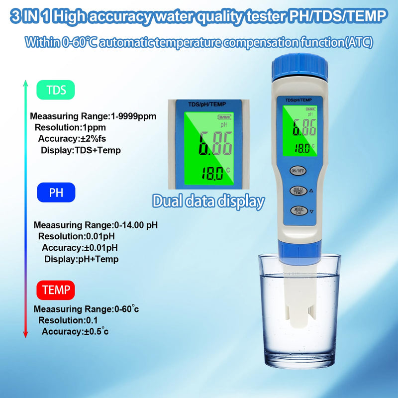 Ueomul pH meter 3 IN 1 with TDS temperature multi-parameter tester 0.01 resolution high accuracy waterproof IP67 water quality tester with automatic temperature compensation