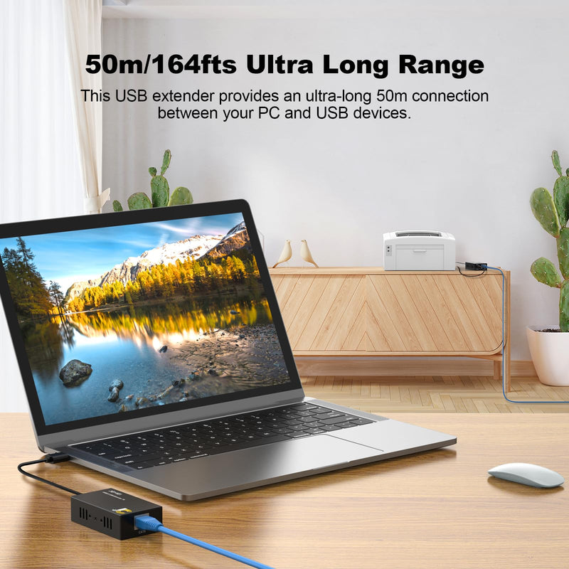 USB Extender Over Cat6/7 Up to165ft/50M, JCHICI 4 USB 2.0 Ports, Plug and Play, No Driver, POC, Keyboard and Mouse Over Ethernet