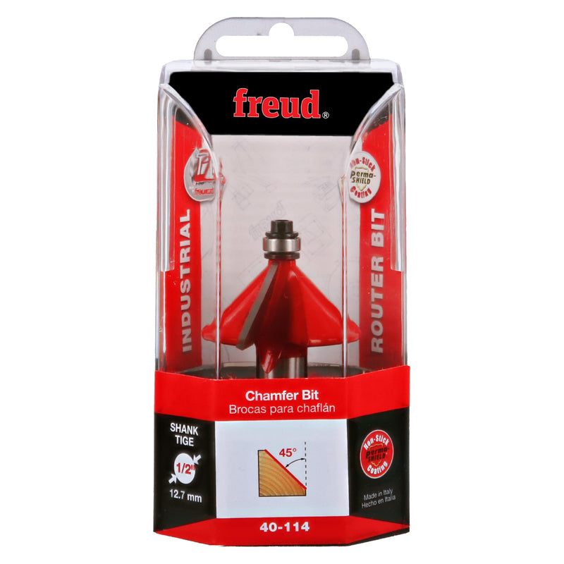 Freud 1-5/8" Chamfer Router Bit with Tico Hi-Density Carbide for Maximum Performance - Ideal for Edge Treatment & Joinery, 1-5/8" Diameter, 1/2" Shank, 5/8" Height, 45° Angle, 2 Cutters - 40-114 One Size