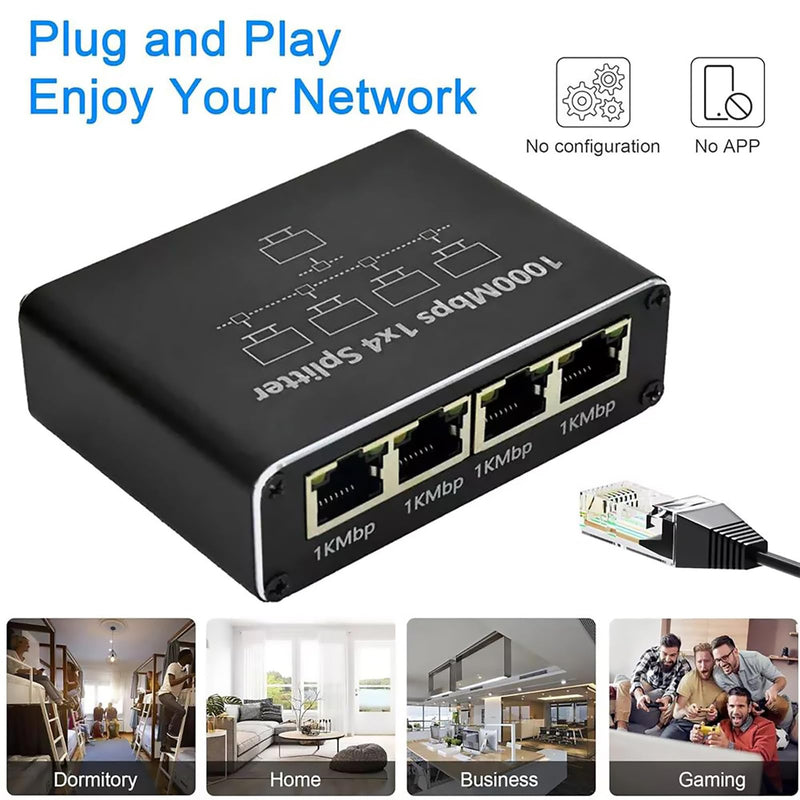 Gigabit Ethernet Splitter - 1 to 4 Network Splitter with USB Power Cable, RJ45 Internet Adapter 1000Mbps High Speed for Cat 5/5e/6/7/8 Cable [4 Devices Networked Simultaneously]