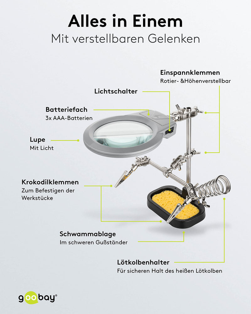 goobay 51226 Löthlife third hand with magnifying glass and soldering iron holder, the ideal aid for all delicate soldering work, black