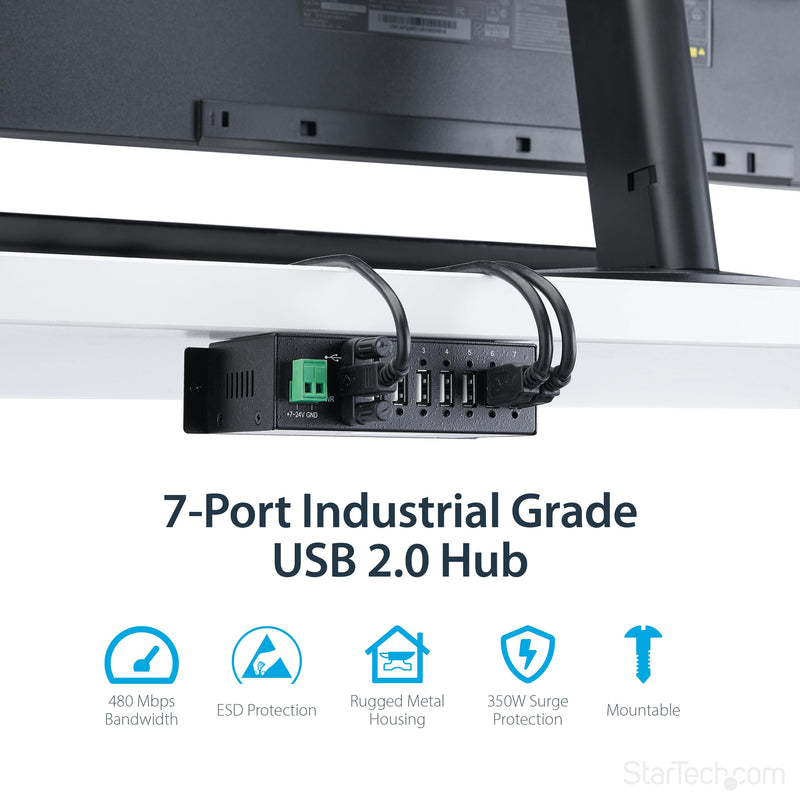 StarTech.com 7-Port USB 2.0 Hub - Metal Industrial USB-A Hub with ESD Protection & 350W Surge Protection - Din Rail, Wall or Desk Mountable - TAA Compliant USB Expander Hub (ST7200USBM)