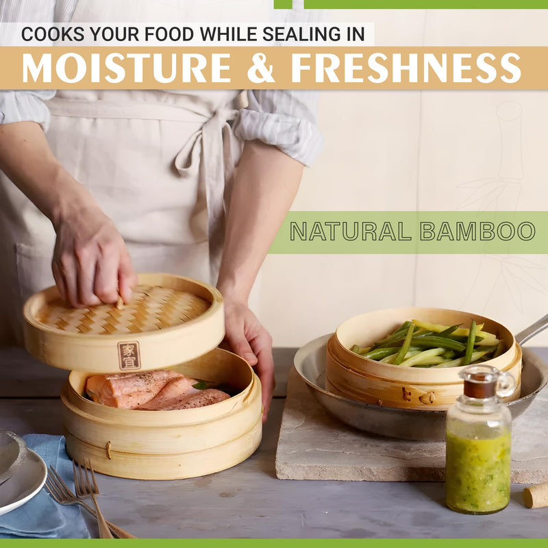 Zoie + Chloe Bamboo Steamer Basket - 2-Tier Dumpling Steamer for Cooking with 2 Reusable Cotton Liners for Bao, Dim Sum, Veggies, Asian Steamed Buns -Stackable, Space-Efficient - 8-Inch Steam Basket 8 INCH