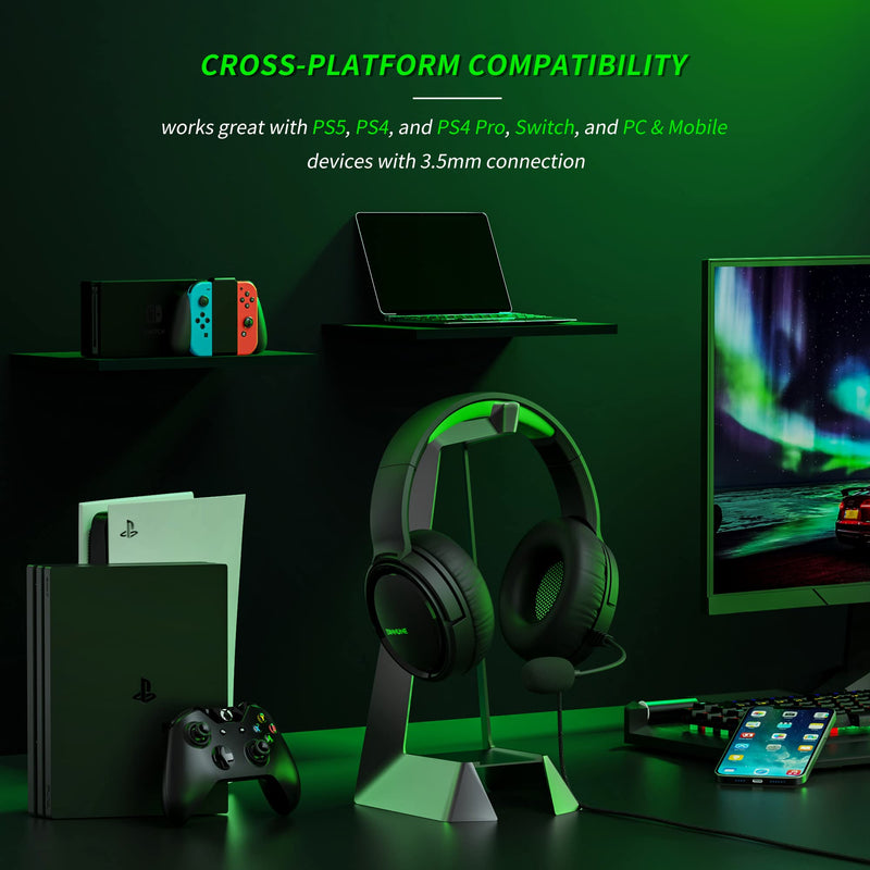 BINNUNE Gaming Headset with Mic for Xbox Series X|S Xbox One PS4 PS5 PC NS, Wired Audifonos Gamer Headphones with Microphone for Xbox 1 PS 4|5 Black/Green