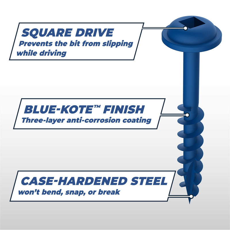 Kreg Blue-Kote Pocket-Hole Screws - SML-C2B-250 - Weather Resistant Pocket Screws - 2-Inch - Coarse Thread - Maxi-Loc Head - Outdoor - 250 Count