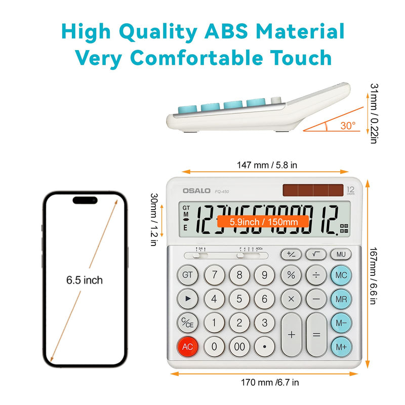 OSALO Desktop Calculator Extra Large Display 12 Digits Big Buttons Solar Calculators Accounting