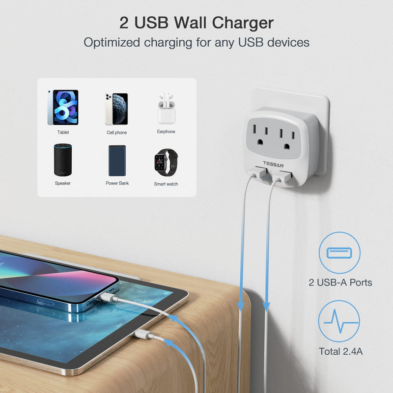 European Travel Plug Adapter Converter, TESSAN International Power Plug Converter with 2 USB, Type C Outlet Adaptor Charger for US to Most of Europe EU Iceland Spain Italy France Germany Gray-Type C