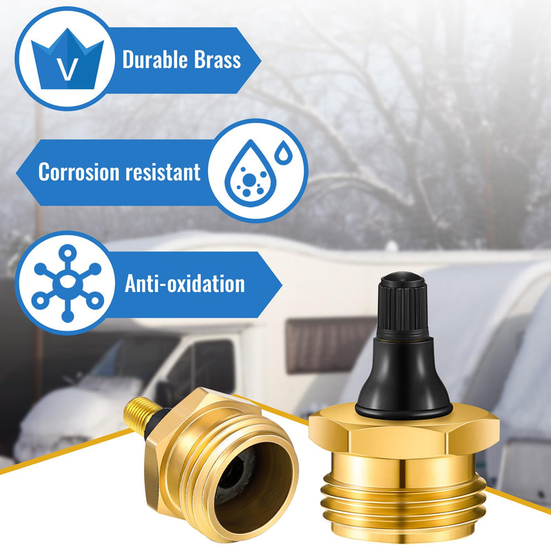 2 Pcs Brass Blow Out Plug for RV Antifreeze, Air Hose Compatible with Schrader Valve to Blow Out RV Water Lines, Winterization Valve for Campers, Motorhomes and Travel Trailers