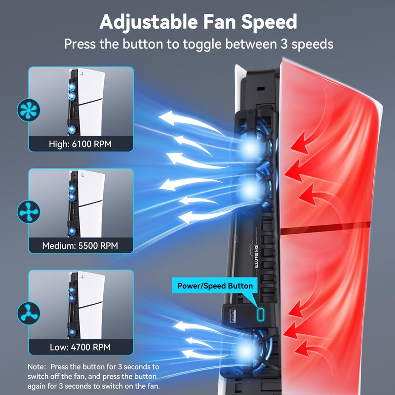 ELUTENG Cooling Fan for PS5 Slim Console Quiet Cooler Fan for PS5 Slim Disc and Digital Editions with 3 Adjustable Speeds Auto on Off Cooling Accessories for PS5 Slim with LED Light and USB 2.0 Port