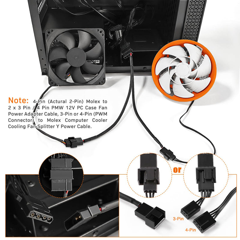 4 Pieces Molex to Fan Adapter Cable, 4 Pin Molex to 2 x 3 Pin / 4 Pin PMW 12 V PC Case Fan Power Adapter Cable, Molex to Fan Converter 4 Pin Molex to 2 x 3 / 4 Pin - Pack of 4