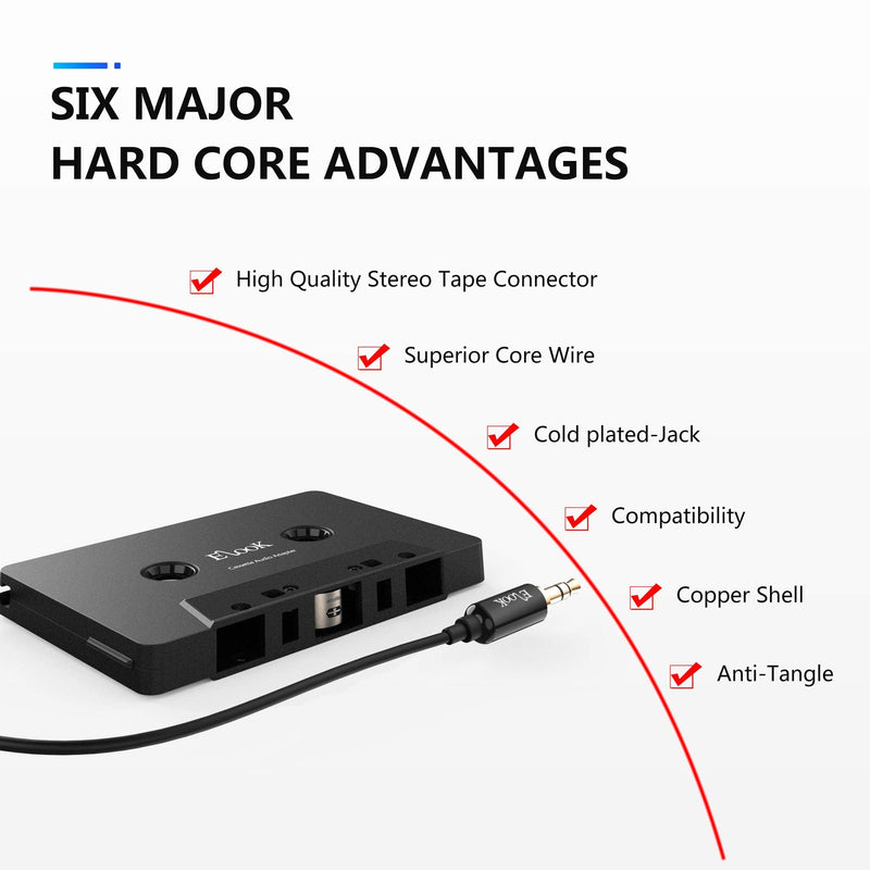 Elook Car Cassette Aux Adapter Kit, with A Smartphone to 3.5 mm Headphone Jack Adapter for Phone, MP3 ect. Black