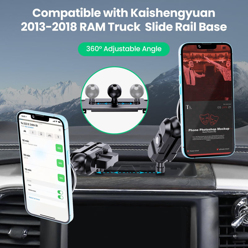 Kaishengyuan Dash Mount Wireless Charger Magnetic Holder with Metal Double Socket Arm & 360° Rotating Extension Mounting Arm & 0.98” Ballhead Compatible with All Smartphones