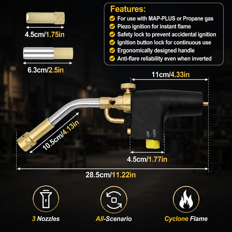 Wadoy Propane Torch Head Kit with 3 Nozzles, High Intensity Trigger-Start Soldering Torch Compatible with Bernzomaticc MAPP Propane for Soldering, Brazing, Welding, Map Gas Torch Head TS8000 1