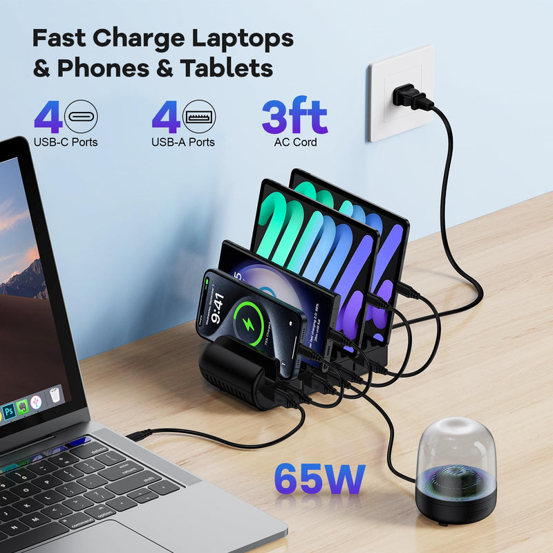 Samusng Charging Station, 65W 8 Ports Multi Charger Station USB Charging Dock for Multiple Devices for Samsung Galaxy S24 Ultra S23 FE S22 A15 5G A14, iPhone 15 Pro Max 14 13 12, Google Pixel 8a 7 Pro