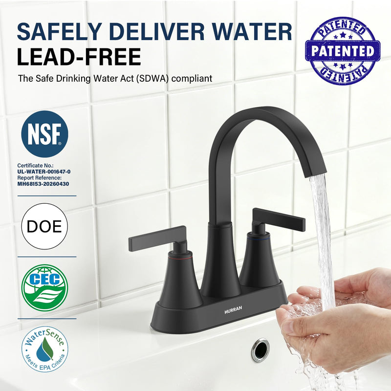 Hurran 4 inch Waterfall Bathroom Faucets with Pop-up Drain and Supply Lines | Matte Black Centerset Bathroom Sink Faucet, Stainless Steel 360 Swivel Bathroom Faucets for Sink 3 Hole Vanity RV Restroom