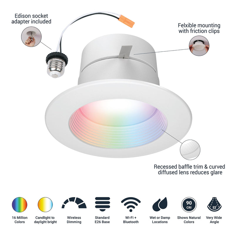 HALO 4 in Smart Wi-Fi Recessed LED Downlight Connected by WiZ Pro with SpaceSense Motion Detection, Dimmable, Full Color Changing, 600 Lumens, Wet Rated Ceiling Light - RL4069WZRGBWWHR 4 inch Use with Housing / Can