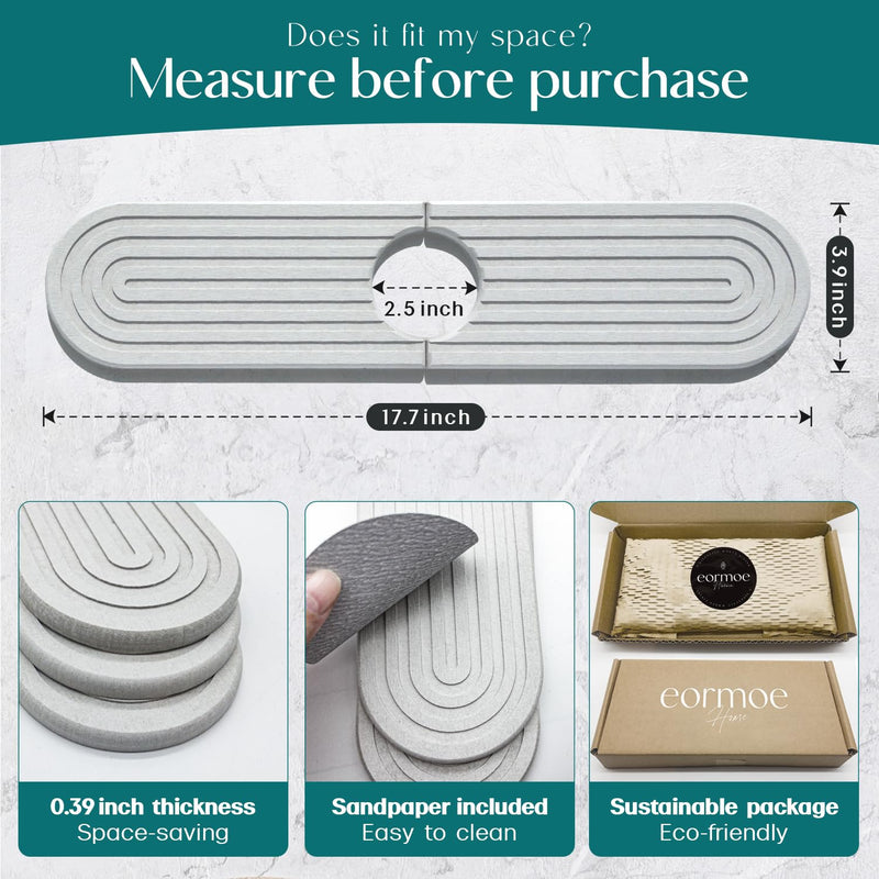 eormoe Diatomite Sink Splash Guard - DryingNeat Kitchen Faucet Mat, Instant Dry Water Absorbing Stone Tray for Sink, Durable Protector for Kitchen Bathroom Counter [Light Grey, 17.7" x 3.9"] Light Grey 17.7" x 3.9"