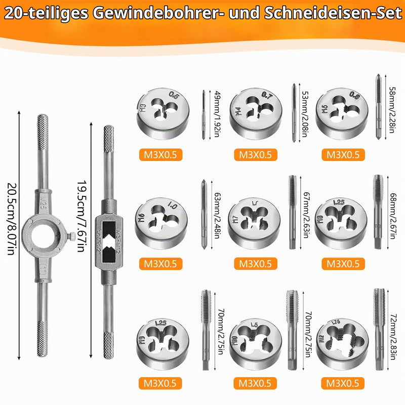 20 Piece Tap and Die Set, Alloy Steel Thread Cutting Set, M3-M12, Tap and Die Set with Tap Accessories for Repairing External and Internal Threads