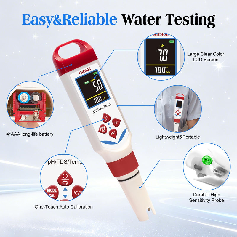 Digital pH Tester for Water, 3 in 1 pH TDS Meter for Drinking Water | 0-9990ppm pH pen with Color Display & Green Probe | AAA Battery Powered Water Tester for Drinking Water, RO/DI System Red+Blue