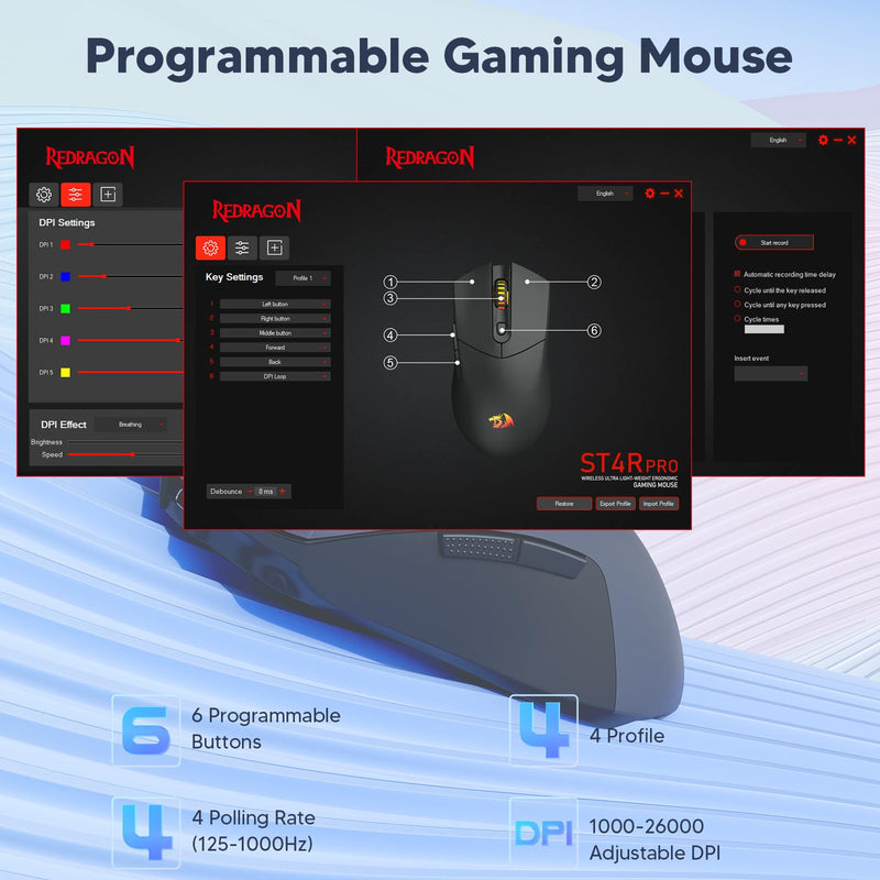 Redragon Wireless Gaming Mouse, Ultra-Light 26K DPI Gaming Mouse Tri-mode Bluetooth Mouse Ergonomic Natural Grip Build, Full Programmable Buttons, Software Supports DIY Keybinds