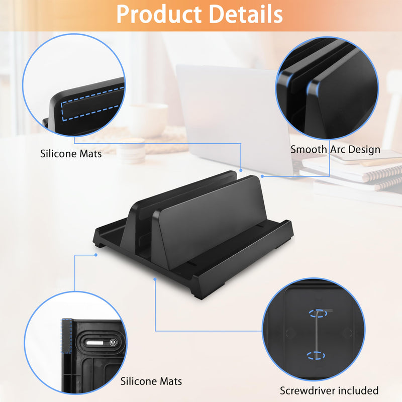 Vertical Laptop Stand Holder, ABS Organizer with Adjustable Dock, All in 1 Design Space-Saving, Sturdy Laptop Computer Holder for PC up to 17.3 inches, MacBook, Mini PC, Pad, Phone (Black, 1 Slot) Black