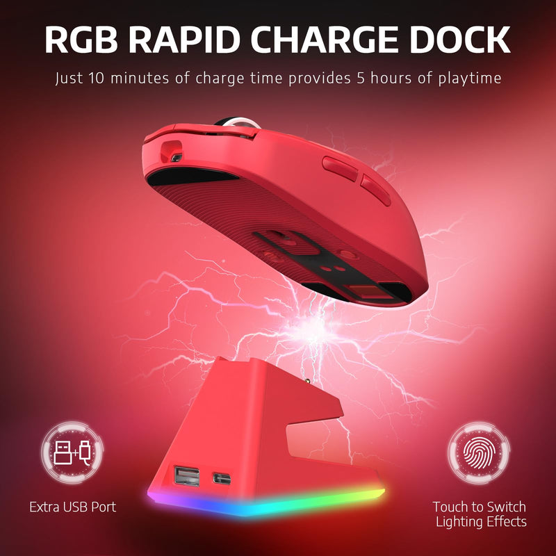 ATTACK SHARK X6 49g Superlight Wireless Gaming Mouse with Magnetic RGB Charging Base, Ultralight Mice PixArt PAW3395 Sensor, 26000DPI, BT/2.4G Wireless/Wired Mouse, 200Hrs Battery for Win/Mac (Red) Red