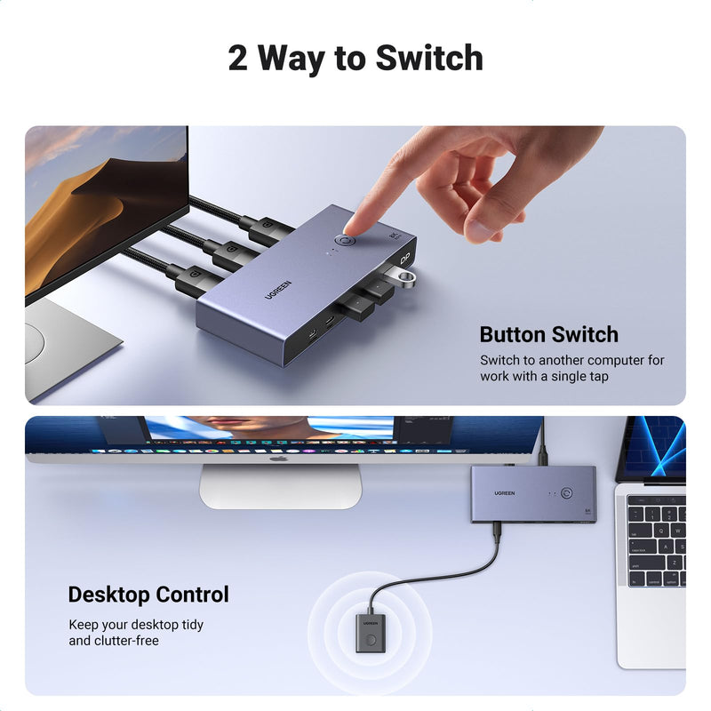 UGREEN 8K Displayport KVM Switch DP 1.4 with 4 USB 3.0 Ports (3 USB-A + 1 USB-C) Bundle with UGREEN VESA Certified 8K DisplayPort Cable 6.6FT, DP 1.4 Cable