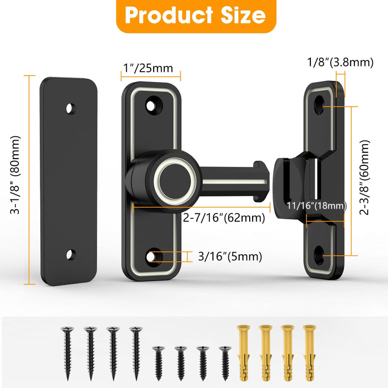 Sliding Barn Door Lock Hardware, 90 Degree Locks for Barn Doors, Flip Gate Latches for Garden, Bathroom, Outdoor, Garage, Window(2 Pack-Luminous Black) 2 Pack-Luminous Black