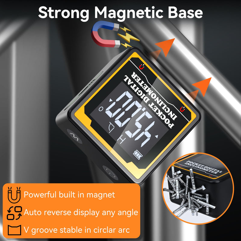 Preciva Magnetic Digital Angle Finder,Pocket-Sized 1.42″ 4-Sided Inclinometer with Backlit LCD,±0.2° High Precision,USB‑C Rechargeable,IP54 Waterproof for Construction,Metalworking&DIY Projects
