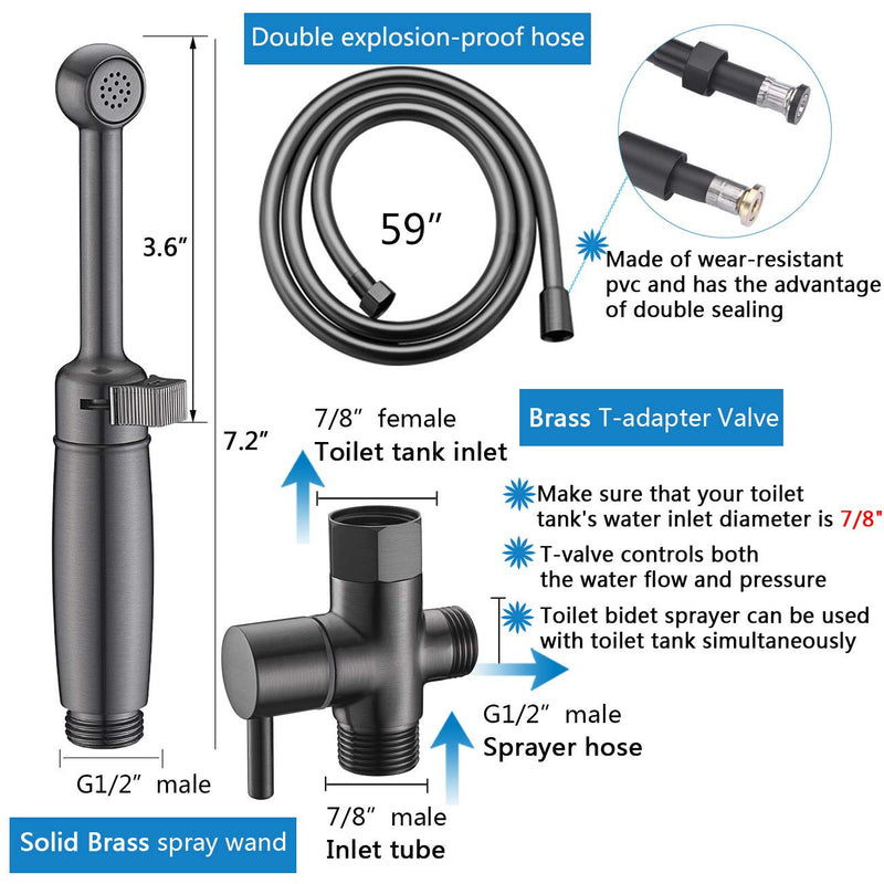 SonTiy Handheld Bidet Toilet Sprayer Gunmetal, Cloth Diaper Sprayer Bathroom Hand Held Jet Spray Bidet Attachment for Toilet with Adjustable Pressure Control, Solid Brass, 7.2" Bidet Wand ‎Black Stainless