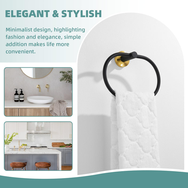 Suyar Towel Ring Gold and Black, Hand Towel Holder for Bathroom, Oval Shape | Stainless Steel, Wall Mounted Oval - Black & Gold