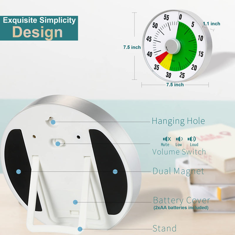 Lavigo Kitchen Timer, Countdown Visual Analog Timer, Quiet Counting, Low Loud and Mute Alarm for Teachers Classroom, Kids, Adults Kitchen, Office, Gym (Green) LT21-TC 7.5 inches Green
