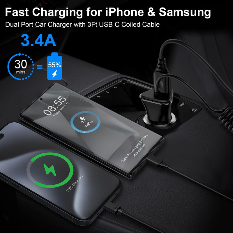 Fast Car Charger USB C 3.4A for iPhone 15/15 Pro/15 Pro Max/15 Plus 14 13 12 11,Type C Car Fast Charging Adapter for Samsung Galaxy A15 5G A54 A55 A14 S24 Ultra S23 S22 S21,Google Pixel 8a 8 Pro 8 7 6