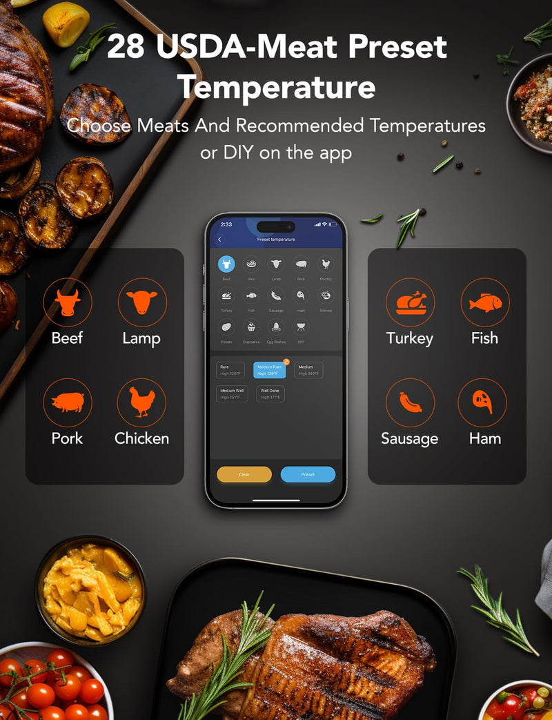 GoveeLife WiFi Meat Thermometer Digital, Smart Cooking Thermometer with 4 Probes, Wireless Bluetooth Grill Thermometer with APP Alert and Temp Curve, 40H Rechargeable BBQ Thermometer for Smoker, Oven
