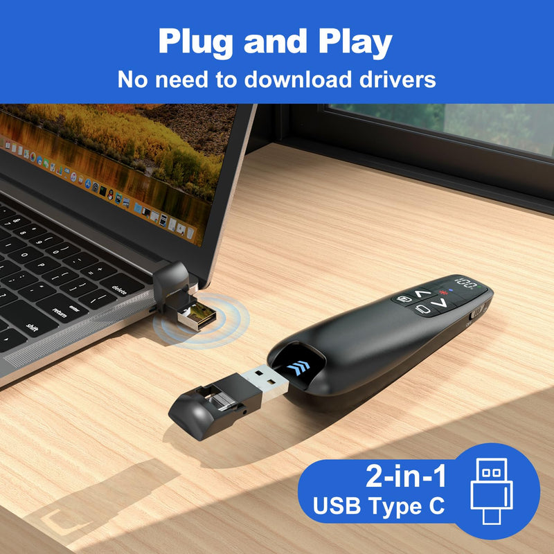 Rechargeable Presentation Clicker with Case, Power Digital Display Wireless Presenter Remote, USB C Red Light Pointer Computer PowerPoint PPT Clickers for Mac Laptop, Slideshow Google Slide Advancer Red Light & Power Display