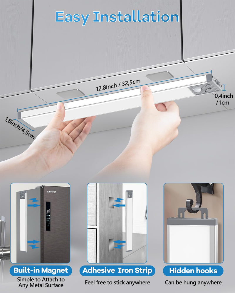 HIBOITEC Under Cabinet Lights Rechargeable Closet Lighting Wireless Motion Sensor Light Indoor, 70 LED Dimmable Magnetic Under Counter Light for Kitchen, 2 Pack, Warm White Light, 12.8 inch Long Silver (Warm White Light)