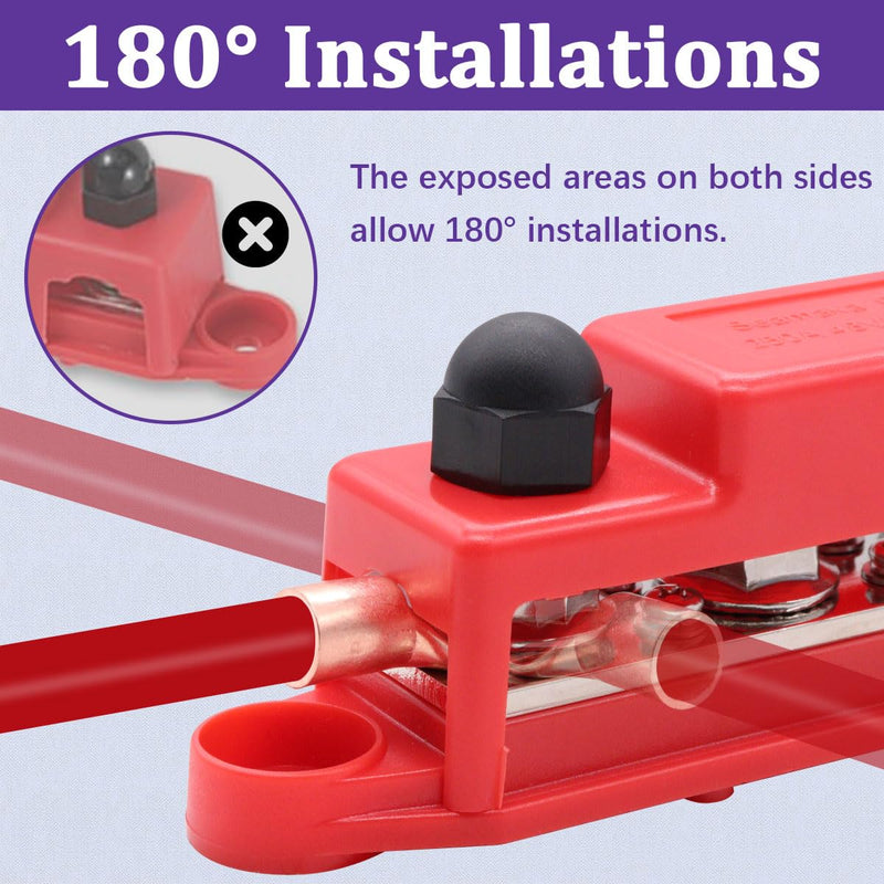 250A 12V Bus Bar Marine 12V,Power Distribution Block with Cover with 4 x 3/8”Post 6 x #8 Screws Terminals,Battery Bus Bar with 4PCS Battery Lugs and 4PCS Heat Shrink Tubing for Car Boat Solar Wiring 250A 4x3/8"+6x#8(M4)