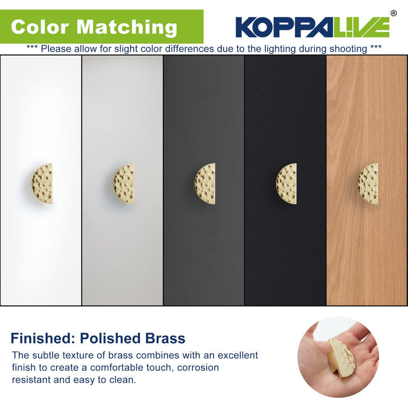 10-Pack Solid Brass Cabinet Knobs, Semicircle Gold Drawer Knobs, Hammered Dresser Drawer Pulls Handles, Modern Furniture Hardware for Kitchen, Length 1-7/8 Inch 10 Halfmoon