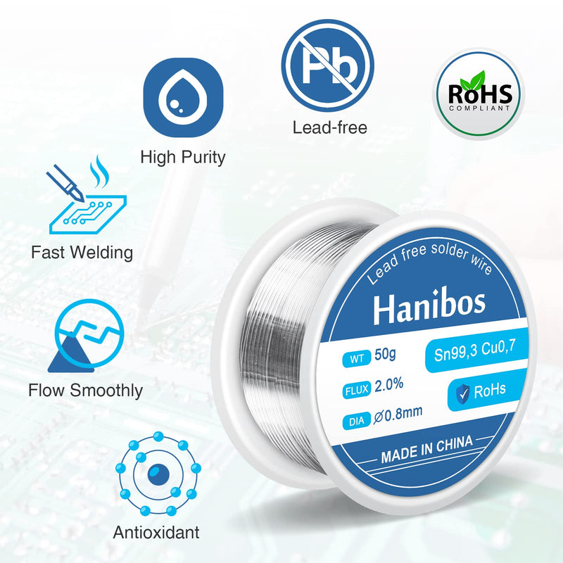 Solder 0.8 mm, Hanibos solder with flux Sn99.3 Cu0.7 soldering wire with rosin core for electric soldering and DIY (approx. 30g) 30g-0.8mm