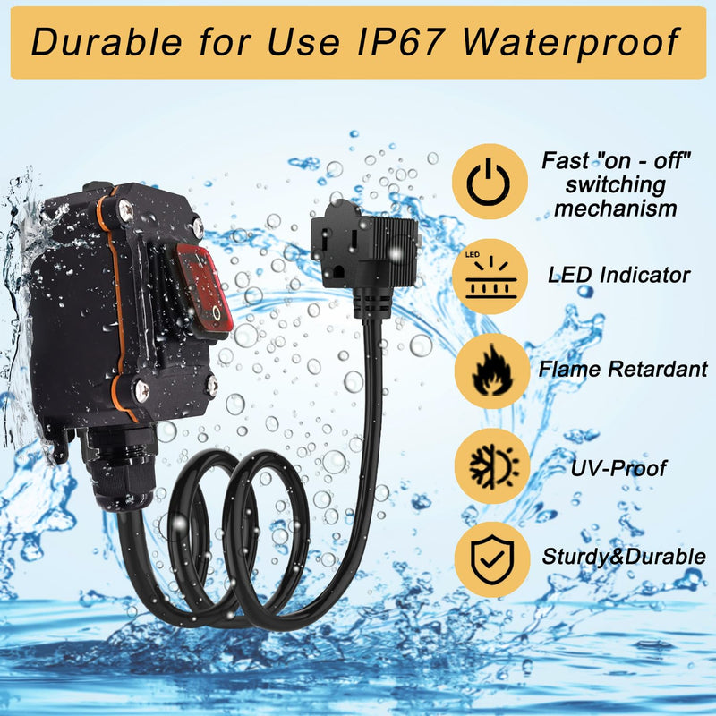 Inline Cord Switch with 16.5ft 14AWG Cable Piggyback Plug(3-Pronged), IP67 Waterproof Switched Extension Cord, AC/DC 20A-125V, 16A-250V Inline Power Switch (16.5FT)