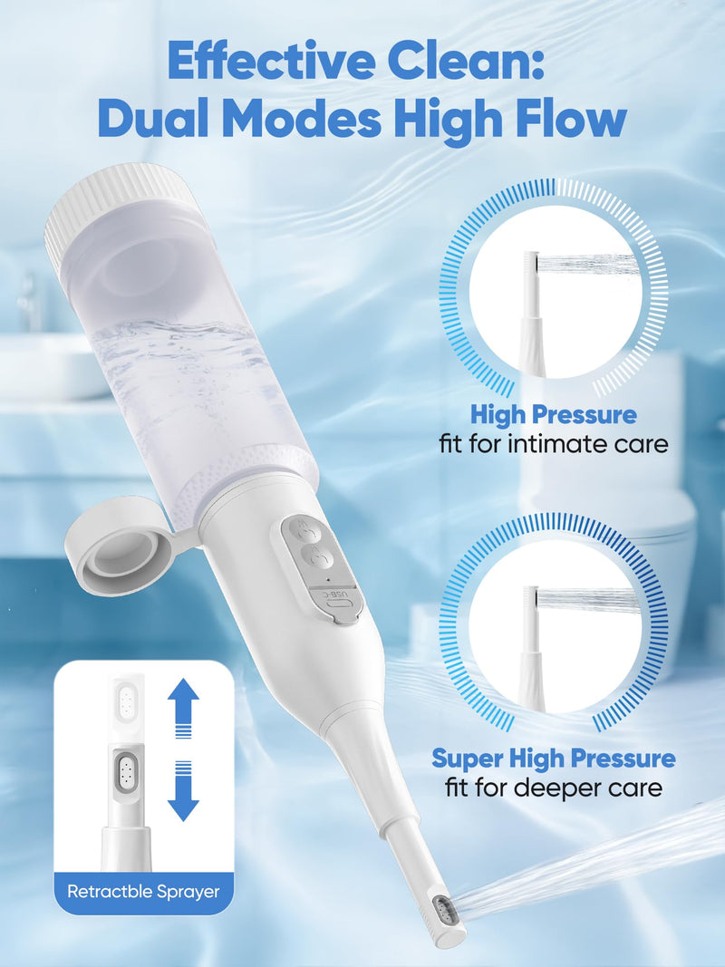Portable Bidet for Travel – Electric Peri Bottle with Dual Spray Modes, 360° Nozzle, Water Bottle Adapter, USB Rechargeable, Waterproof, Travel Bidet for Postpartum & Personal Hygiene White
