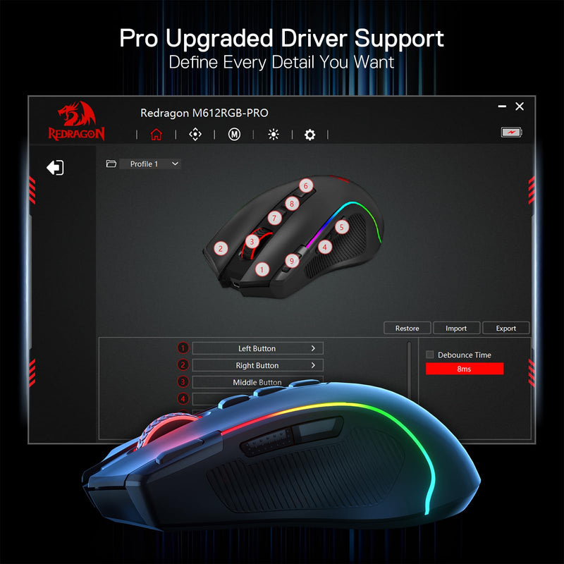 Redragon M612 PRO RGB Gaming Mouse, 8000 DPI Wired/Wireless Optical Gamer Mouse with 9 Programmable Buttons & 7 Backlit Modes, BT & 2.4G Wireless, Software Supports DIY Keybinds Rapid Fire Button Black