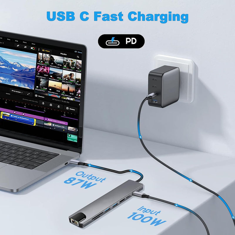 USB C Hub 8 in 1, RJ45 Ethernet Multi Port Adapter, with SD/TF Card Slot, 4K HDMI, USB 3.0/2.0, RJ45, 100W PD, USB C Port, Docking Station for MacBook Pro/Air, iPad Pro, Laptops