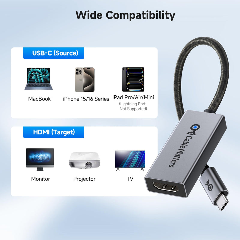 Cable Matters 48Gbps USB C to HDMI 2.1 Adapter for macOS, Supports 8K 60Hz / 4K 240Hz HDR, Thunderbolt 4 to HDMI 2.1, HDMI 2.1 to USB C Adapter, Compatible with Thunderbolt 5 Laptops