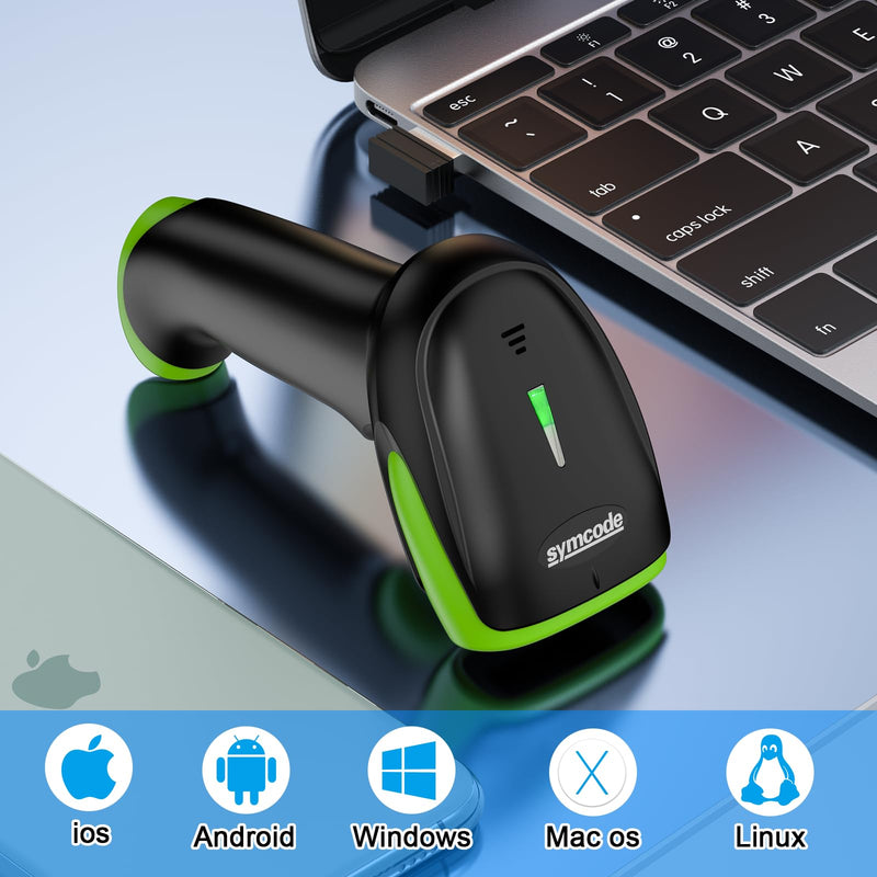 Symcode Wireless Bluetooth Barcode Scanner,Bluetooth & USB Wired & 2.4G Wireless Connection Ergonomics Handheld Barcode Scanner Reader, 2D 1D QR Code Automatic Fast Precise scanning Scanner Green