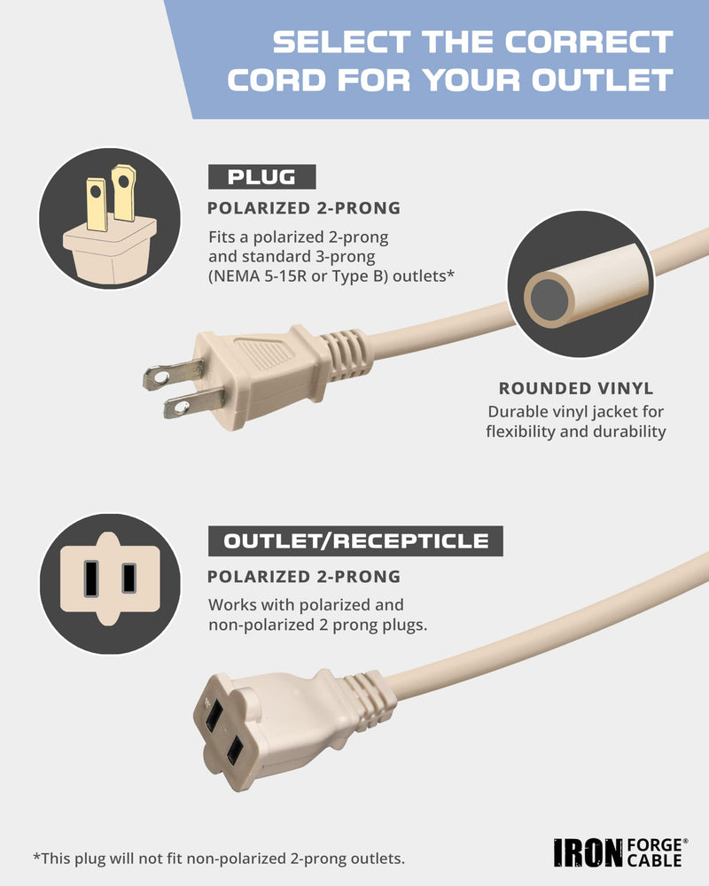 Iron Forge Cable 2 Prong Extension Cord 25 ft - 16 Gauge 13 Amp Heavy Duty Outdoor 2 Prong Power Cord - SJTW - Great for Landscaping, Deck, Outdoor Lights - Tan 25 Foot